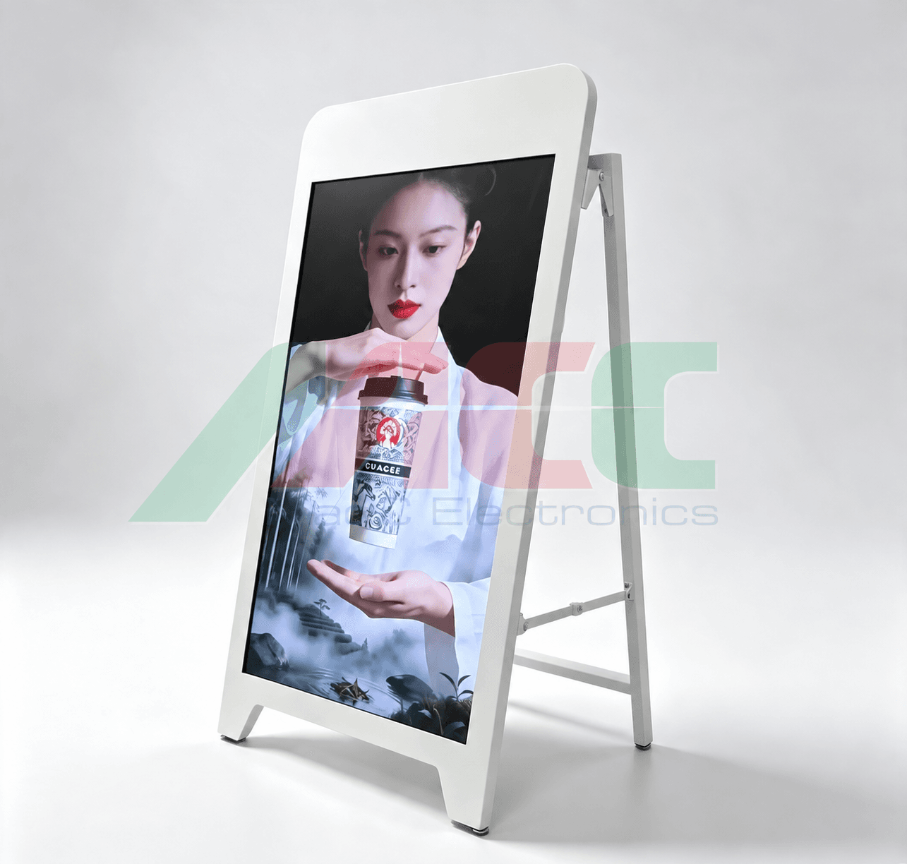 ป้ายดิจิทัลทรง A-Frame ขนาด 43 นิ้ว (สีขาว) - สตูดิโอภาพรวมพร้อมภาพโฆษณาคมชัด